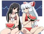  annoyed bad_id bad_pixiv_id bikini black_hair confrontation eye_contact food fruit fujiwara_no_mokou hair_ribbon holding holding_food holding_fruit houraisan_kaguya lightning_glare long_hair looking_at_another multiple_girls oekaki red_eyes ribbon silver_hair sitting smirk sweatdrop swimsuit tonbi touhou watermelon 