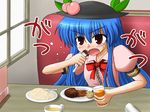  bad_id bad_pixiv_id black_hat blue_hair cup eating food fork fruit girou hat hinanawi_tenshi long_hair open_mouth orange_juice peach plate red_eyes rice solo teacup touhou window 