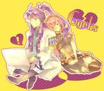  1boy 1girl blue_eyes blush computer ggrks_(vocaloid) heart kamui_gakupo long_hair megurine_luka pink_hair ponytail purple_eyes purple_hair sitting surprised takana thighhighs vocaloid 