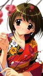  :o blurry blush brown_eyes brown_hair cherry_blossoms copyright_request depth_of_field floral_print flower holding_branch japanese_clothes kadoi_aya kimono obi sash short_hair simple_background solo upper_body white_background 