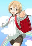 backpack bag blonde_hair blush brown_eyes bug child copyright_request glasses happy insect ladybug open_mouth rainbow randoseru short_hair shorts sody solo 