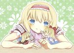  alice_margatroid apron ascot blonde_hair blue_eyes blush bow capelet doll doll_joints hair_bow hairband hourai_doll hug knora light_smile multiple_girls open_mouth red_eyes shanghai_doll short_hair short_sleeves size_difference touhou waist_apron 