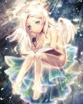  angel angel_wings bad_id bad_pixiv_id bare_shoulders barefoot blonde_hair blue_eyes book chin_rest collarbone cuffs dress floating glint glowing halo key lantern legs library light long_hair looking_at_viewer original see-through shackles smile solo strapless strapless_dress tako_(pixiv8535) wings 