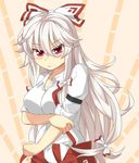  :&lt; angry ashu bangs blush bow closed_mouth collared_shirt commentary_request dress_shirt frown fujiwara_no_mokou hair_bow hand_on_own_elbow long_hair looking_at_viewer multi-tied_hair open_collar pants puffy_pants red_eyes red_pants shirt short_sleeves sleeve_garters sleeves_rolled_up solo standing suspenders touhou tsurime upper_body v-shaped_eyebrows very_long_hair white_bow white_hair white_shirt wing_collar 