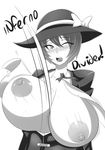  areolae blazblue bouncing_breasts breasts genderswap genderswap_(mtf) greyscale hat hazama highres huge_breasts jcdr large_areolae monochrome one_eye_closed solo torn_clothes unaligned_breasts wince 