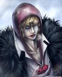  2014 blonde_hair blue_eyes corazon dated donquixote_rocinante earflap_hat fur_coat hat heart heart_print lipstick makeup male_focus one_piece open_collar signature snow solo szlen 