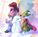  2018 anthro barefoot biped boots chalk claws clothed clothing crossed_arms deltarune digital_media_(artwork) duo eyewear footwear freckles fully_clothed glasses grass hat horn jacket jeans leaning_on_wall long_ears outside pants power_line ralsei scarf smile snow snowman standing susie_(deltarune) teeth tomatocoup torn_clothing torn_jeans torn_pants winter 