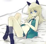  :o animal_ears aqua_babydoll aqua_panties artist_name babydoll bed black_footwear blonde_hair blue_eyes blush boots breasts cat_ears collarbone covered_nipples eyebrows hand_on_own_stomach helma_lennartz highres izuoku long_hair looking_at_viewer lying navel on_back open_mouth panties pillow side-tie_panties small_breasts solo underwear world_witches_series 