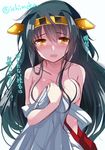  bare_shoulders black_hair blush breasts detached_sleeves haruna_(kantai_collection) headgear ichiyou_moka jpeg_artifacts kantai_collection large_breasts long_hair looking_at_viewer open_mouth partially_undressed solo translation_request twitter_username yellow_eyes 