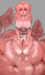  absurdres breasts cleavage dress_shirt dripping goo_girl highres large_breasts monster_girl open_mouth original pink seiza shirt sitting slime solo tentacles thnx_to_abraxas 