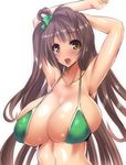  1girl armpits bikini blush bow breasts brown_hair hair_bow huge_breasts looking_at_viewer love_live!_school_idol_project minami_kotori open_mouth poko_chin shiny_skin simple_background smile solo swimsuit very_long_hair white_background 