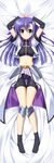  aqua_eyes arms_up bed_sheet bike_shorts black_legwear blush breasts crop_top crotch_seam dakimakura endori fingerless_gloves ginga_nakajima gloves hair_ribbon long_hair looking_at_viewer lying lyrical_nanoha mahou_shoujo_lyrical_nanoha_strikers midriff navel on_back purple_hair ribbon small_breasts socks solo younger 