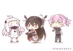  ahoge alternate_costume black_hair candy chibi commentary_request dress food hair_ornament headgear hinata_yuu holding horns kantai_collection lollipop long_hair microphone mittens multiple_girls nagato_(kantai_collection) northern_ocean_hime pale_skin pleated_skirt ponytail red_eyes shinkaisei-kan shiranui_(kantai_collection) skirt squatting sweat white_dress white_hair 