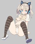  animal_ears axent_wear blade_(galaxist) blue_eyes cat_ear_headphones cat_ears fake_animal_ears grey_background headphones looking_at_viewer navel open_mouth original over-kneehighs panties pleated_skirt school_uniform serafuku shoes short_hair silver_hair sketch skirt solo striped striped_legwear thighhighs underwear white_panties 