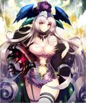  bare_shoulders body_writing breasts choker grey_hair hat highres holding large_breasts long_hair mole mole_under_eye navel original parted_lips pecorin pointy_ears shingoku_no_valhalla_gate solo star thigh_strap very_long_hair wand yellow_eyes 