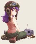  clothes_around_waist clothes_writing dated dr._slump from_behind full_body glasses grey_background looking_back nagian norimaki_arale pants purple_eyes purple_hair radio simple_background smile solo tank_top 