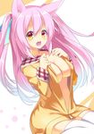  :d animal_ears bad_id bad_pixiv_id borrowed_character breasts cat_ears cleavage hair_ribbon large_breasts long_hair looking_at_viewer nyori open_mouth orange_eyes original pink_hair ribbon shia_flatpaddy sitting smile solo thighhighs two_side_up white_legwear zettai_ryouiki 