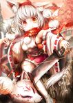  animal_ears autumn_leaves bare_shoulders building detached_sleeves fox_mask hat hat_ribbon highres inubashiri_momiji long_sleeves looking_at_viewer mask ribbon sash scarf silver_hair skirt smile solo sword tail tokin_hat torii touhou umagenzin water waterfall weapon wide_sleeves wolf_ears wolf_tail 