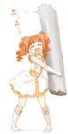  :d ^_^ blush boots bow brown_hair catchphrase closed_eyes crack dated dress full_body hair_bow holding idolmaster idolmaster_(classic) idolmaster_movie knee_boots nagian open_mouth pillar simple_background smile solo takatsuki_yayoi the_sleeping_beauty_(idolmaster) twintails white_background 