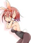  alternate_costume animal_ears bare_shoulders black_legwear blush breasts brown_eyes brown_hair bunny_ears bunny_pose bunny_tail bunnysuit fake_animal_ears hairband kantai_collection looking_at_viewer maiku medium_breasts open_mouth pantyhose shiratsuyu_(kantai_collection) short_hair sideboob solo tail wrist_cuffs 