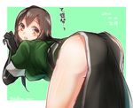  ass bad_id bad_pixiv_id bent_over black_gloves blush brown_eyes brown_hair character_name chikuma_(kantai_collection) cowboy_shot dated from_behind gloves highres kantai_collection long_hair looking_back no_panties pelvic_curtain remodel_(kantai_collection) rom solo thighhighs translated twitter_username 