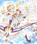  angel blonde_hair blue_eyes chibi flower green_eyes highres magical_girl multiple_girls original purple_eyes rednian see-through shingoku_no_valhalla_gate short_hair weapon wings 