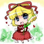  :d blonde_hair blue_eyes bow chibi flower hair_bow hair_ribbon heart holding looking_at_viewer medicine_melancholy noai_nioshi open_mouth ribbon short_hair smile solo touhou 