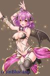  :d arm_strap arms_up black_legwear blush bracelet breasts demon_girl demon_wings ear_piercing fang garter_straps horns jewelry large_breasts magia_break miyamae_porin navel official_art open_mouth piercing pointy_ears purple_hair red_eyes short_hair skirt smile solo sparkle tattoo thighhighs watermark wings 