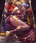  absurdres anklet ass aztec aztec_mythology bare_shoulders barefoot barefoot_sandals blue_eyes body_jewelry bracelet breasts cleavage commentary_request earrings feet fingernails gem hair_between_breasts highres jewelry large_breasts long_hair looking_at_viewer lying nail_polish on_side open_mouth original pillow purple_hair shingoku_no_valhalla_gate soles solo tareme tetrapod_(youhei_1985) tlazolteotl toenail_polish toenails toes underboob 