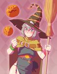  broom cape fukusuke_hachi-gou green_eyes grey_hair halloween hat highres jack-o'-lantern long_hair original pointy_ears witch witch_hat 