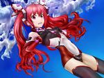  1girl cloud covering covering_chest elbow_gloves genderswap gloves hair_ornament long_hair mitsuka_souji ore_twintail_ni_narimasu red_eyes red_hair shopjapen solo tail_red tailred thighhighs twintails very_long_hair 