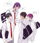  ? adam's_apple bad_id bad_pixiv_id bag black_hair bookssl brown_hair check_translation crossover eye_contact free! height_difference himuro_tatsuya korean kuroko_no_basuke looking_at_another male_focus matsuoka_rin multiple_boys murasakibara_atsushi necktie purple_hair school_uniform standing thought_bubble translation_request white_background yamazaki_sousuke 