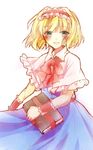  alice_margatroid blonde_hair blue_dress blue_eyes blush book bow capelet dress grimoire grimoire_of_alice hairband highres holding holding_book knora md5_mismatch sash short_hair touhou wrist_cuffs 