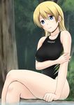  blonde_hair blue_eyes competition_swimsuit crossed_legs fuuma_nagi long_hair one-piece_swimsuit original sitting solo speedo_(company) swimsuit 