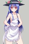  :c apron bad_id bad_pixiv_id bare_arms bare_shoulders blue_hair blush breasts closed_mouth collarbone food fruit grey_background hat highres hinanawi_tenshi long_hair looking_at_viewer naked_apron peach red_eyes simple_background small_breasts solo strap_slip touhou very_long_hair wendell 