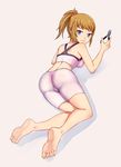  ass barefoot bike_shorts blue_eyes breasts brown_hair feet from_behind gundam gundam_build_fighters gundam_build_fighters_try highres hoshino_fumina jun_(goodgun7) looking_at_viewer looking_back lying medium_breasts on_stomach ponytail short_hair smile soles solo sports_bra toes trefoil wire_cutters 