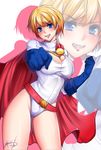  blonde_hair blue_eyes breasts cape cleavage cleavage_cutout dated dc_comics gloves grin highres large_breasts looking_at_viewer miura_hajime power_girl short_hair signature smile solo thighs zoom_layer 