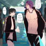  bad_anatomy bad_id bad_pixiv_id bad_proportions birthmark black_hair bookssl cosplay digital_media_player eye_contact food food_in_mouth free! goggles groin hands_in_pockets himuro_tatsuya ipod jacket korean kuroko_no_basuke looking_at_another male_focus male_swimwear matsuoka_rin matsuoka_rin_(cosplay) multiple_boys murasakibara_atsushi navel purple_hair smile speech_bubble standing swim_briefs swimsuit swimwear track_jacket translation_request wet wet_hair yamazaki_sousuke yamazaki_sousuke_(cosplay) 