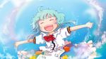  blue_hair bow closed_eyes happy highres hinanawi_tenshi kana_tako no_hat no_headwear open_mouth outstretched_arms short_hair smile solo touhou younger 