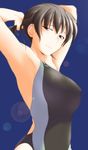  amagami arms_up black_eyes black_hair blush breasts competition_swimsuit highres large_breasts long_hair looking_at_viewer one-piece_swimsuit ponytail sasaki_akira_(ugc) simple_background smile solo swimsuit tsukahara_hibiki 