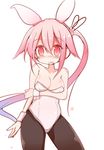 alternate_costume animal_ears bare_shoulders black_legwear blue_hair blush body_blush breast_hold breasts bunny_ears bunnysuit cleavage collarbone fake_animal_ears gradient_hair harusame_(kantai_collection) kantai_collection large_breasts maiku multicolored_hair open_mouth pantyhose pink_eyes pink_hair side_ponytail simple_background solo white_background wrist_cuffs 