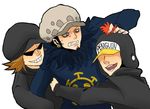  3boys angry earflap_hat earrings grab grabbing hat hat_over_eyes hat_pompom heart_pirates hug jewelry kaz_(mokemoke9) multiple_boys one_piece penguin_(one_piece) pirate shachi_(one_piece) smile sunglasses trafalgar_law trio 