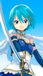  belt blue_eyes blue_hair cape fukutarou_(enji127) gloves hair_ornament hairclip lowres magical_girl mahou_shoujo_madoka_magica mahou_shoujo_madoka_magica_movie miki_sayaka short_hair smile solo soul_gem sword weapon 