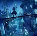  architecture balancing barefoot black_cat blue cat city clock clock_tower dutch_angle from_behind kaitan lantern long_hair monochrome night original outstretched_arms revision solo spread_arms tower 