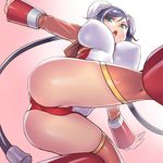  arcana_heart armor ass black_hair breasts bun_cover double_bun from_below green_eyes impossible_clothes large_breasts leotard mei-fang ono_misao short_hair shrug_(clothing) solo thighhighs 