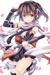  bad_id bad_pixiv_id bangs brown_eyes brown_hair elbow_gloves gloves hair_ornament holding holding_torpedo kantai_collection kneehighs looking_at_viewer remodel_(kantai_collection) scarf school_uniform sendai_(kantai_collection) serafuku short_hair single_kneehigh smile solo torpedo two_side_up white_background white_scarf yuzu-aki 