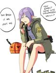  aqua_eyes assault_rifle bare_legs between_legs brown_gloves elf english gloves gun halloween hood hood_down jack-o'-lantern jacket knife long_sleeves lr-300 military military_uniform open_mouth original pointy_ears purple_hair rifle sate shirt short_hair simple_background sitting solo too_bad!_it_was_just_me! uniform weapon white_background white_shirt 