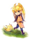  blonde_hair boots chibi gen_1_pokemon grass green_eyes hat long_hair pikachu pokemon pokemon_(creature) pokemon_special ponytail smile tachiuo_(arines) yellow_(pokemon) 