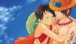  2boys beads brothers freckles hat jewelry male male_focus monkey_d_luffy multiple_boys necklace one_piece portgas_d_ace siblings stampede_string straw_hat topless zoeysue 