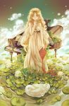  bird blonde_hair commentary cross cross_necklace dress fairy fairy_wings flower freckles green_eyes head_wreath highres instocklee instrument jewelry kite lily_pad long_hair looking_at_viewer lotus necklace original piano pointy_ears revision smile solo swan very_long_hair water wings 